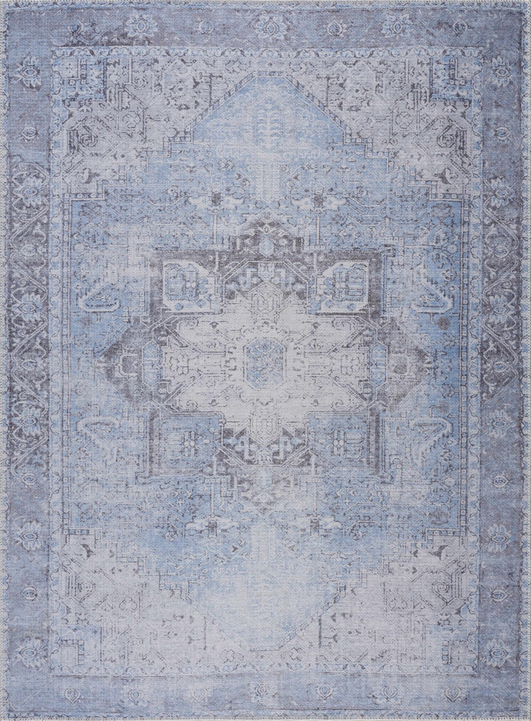 Ivory, Blue and Charcoal Traditional Medallion Design Washable Area Rug - The Rug Decor