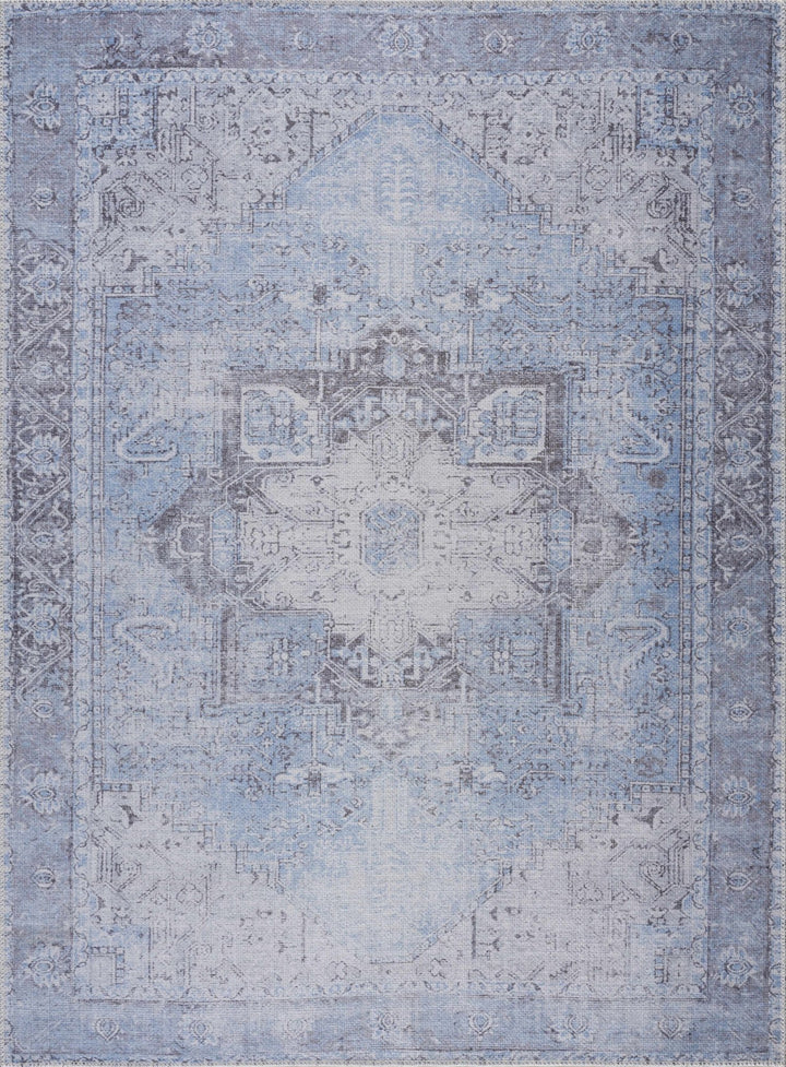 Ivory, Blue and Charcoal Traditional Medallion Design Washable Area Rug - The Rug Decor