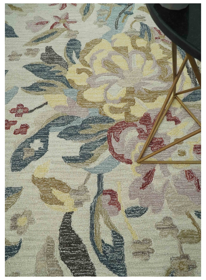 Ivory, Charcoal and Olive Floral Design 8x10 Colorful Hand Tufted wool rug - The Rug Decor