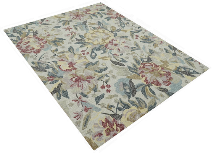 Ivory, Charcoal and Olive Floral Design 8x10 Colorful Hand Tufted wool rug - The Rug Decor