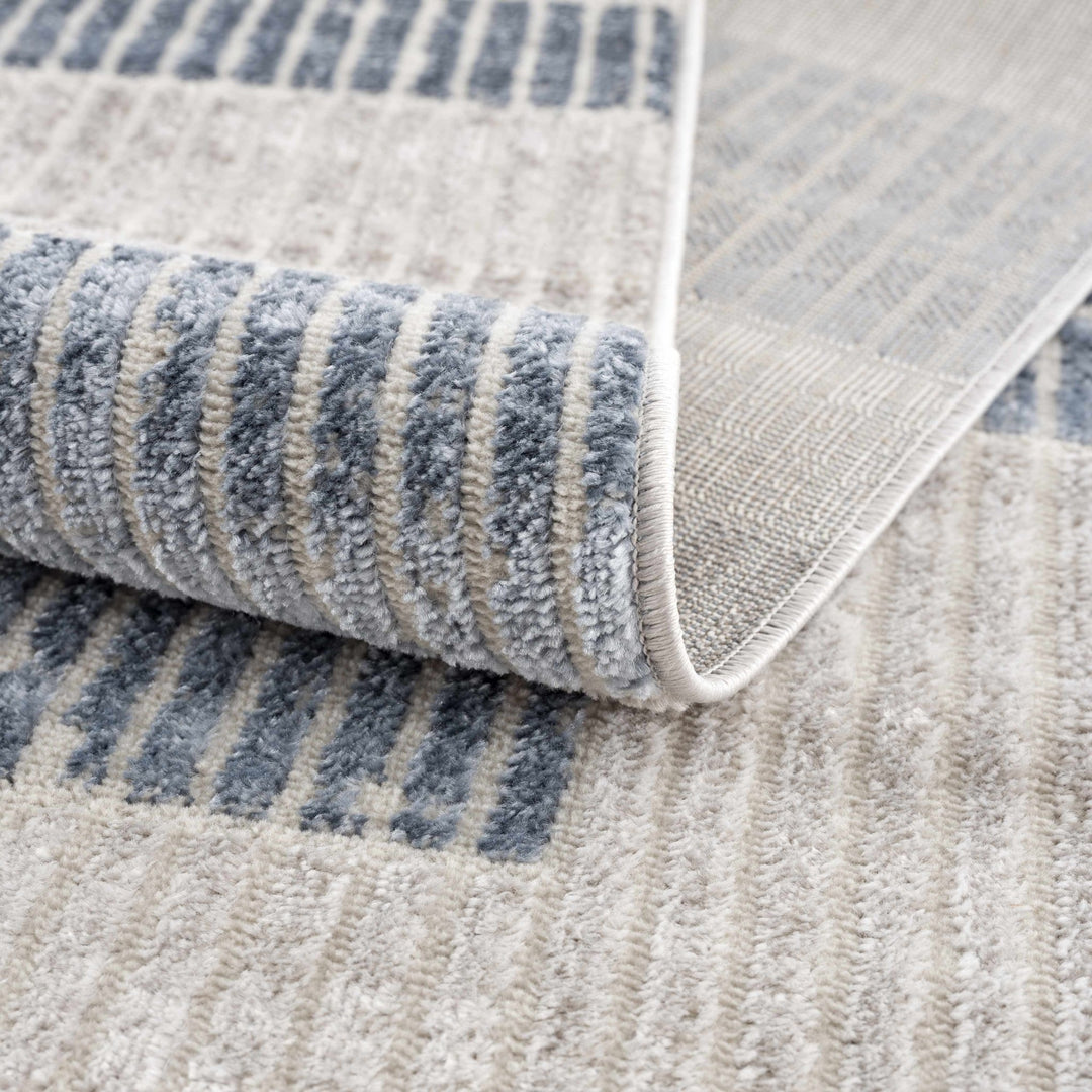 Ivory, Charcoal, Blue and Tan Modern Geometrical Stripes Design Area Rug - The Rug Decor