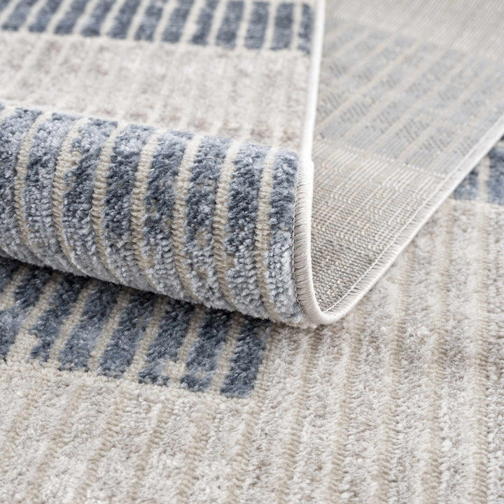 Ivory, Charcoal, Blue and Tan Modern Geometrical Stripes Design Area Rug - The Rug Decor
