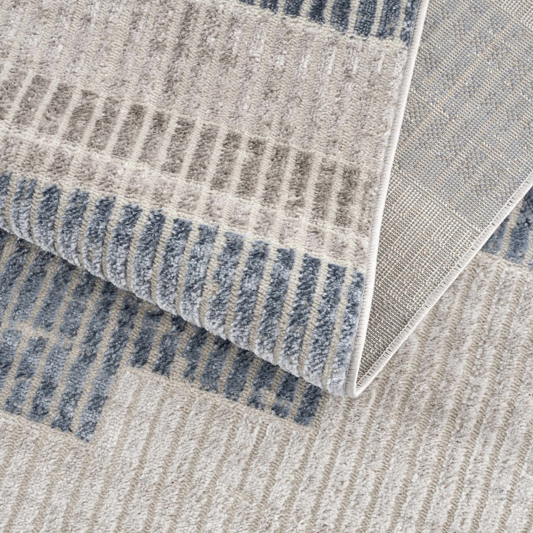 Ivory, Charcoal, Blue and Tan Modern Geometrical Stripes Design Area Rug - The Rug Decor