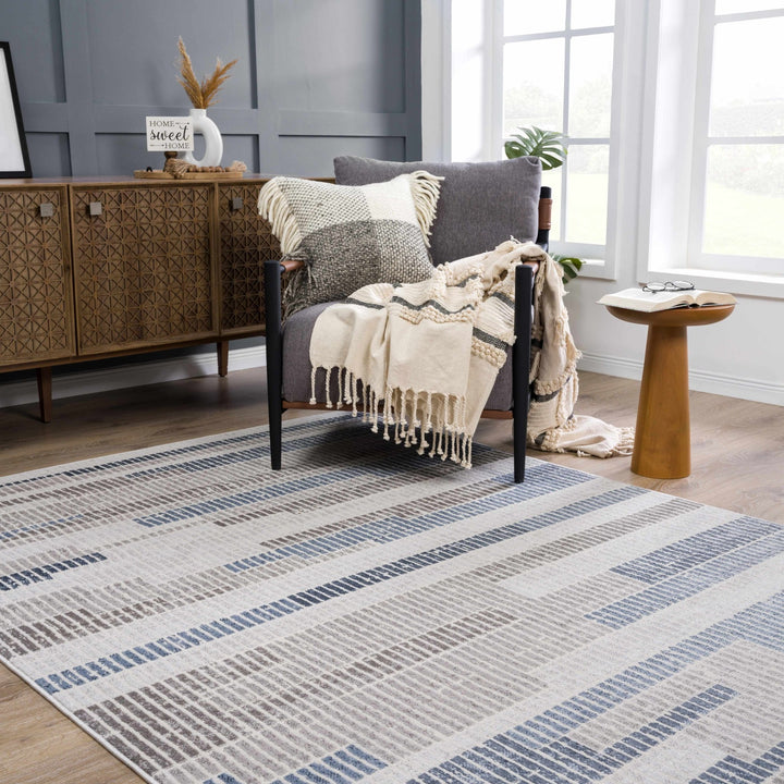 Ivory, Charcoal, Blue and Tan Modern Geometrical Stripes Design Area Rug - The Rug Decor