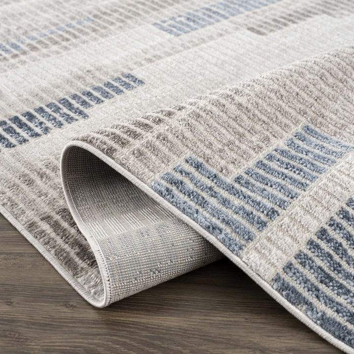 Ivory, Charcoal, Blue and Tan Modern Geometrical Stripes Design Area Rug - The Rug Decor