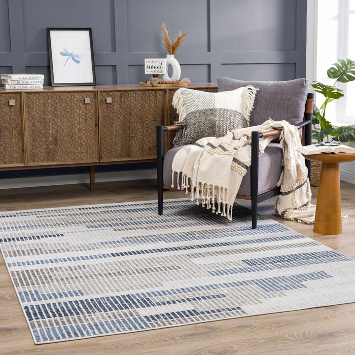 Ivory, Charcoal, Blue and Tan Modern Geometrical Stripes Design Area Rug - The Rug Decor