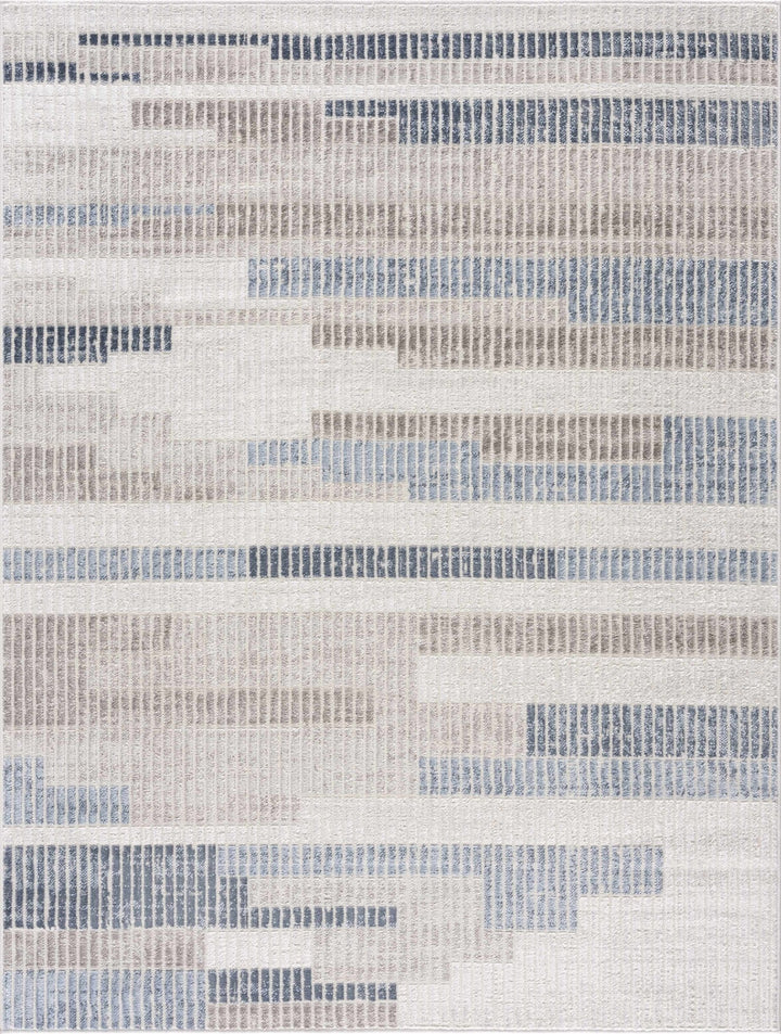 Ivory, Charcoal, Blue and Tan Modern Geometrical Stripes Design Area Rug - The Rug Decor