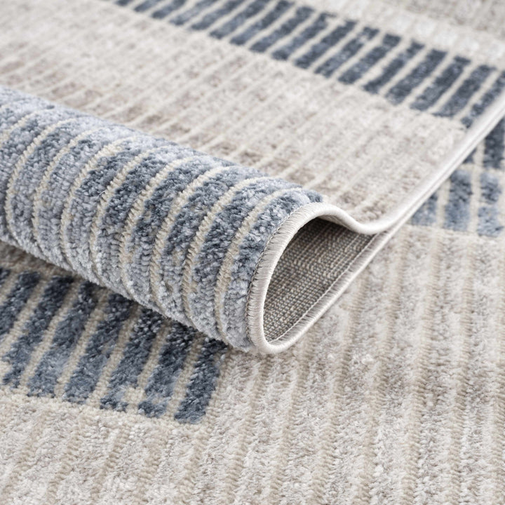 Ivory, Charcoal, Blue and Tan Modern Geometrical Stripes Design Area Rug - The Rug Decor
