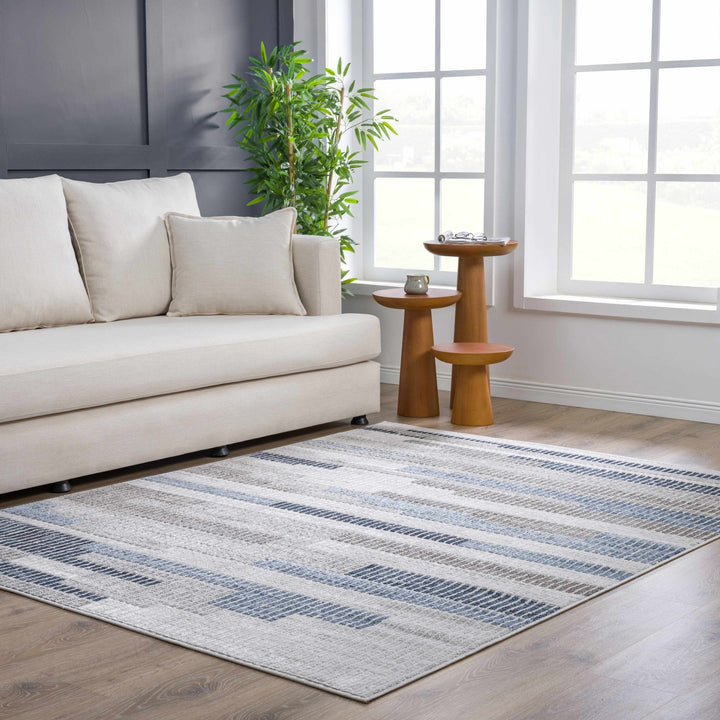 Ivory, Charcoal, Blue and Tan Modern Geometrical Stripes Design Area Rug - The Rug Decor