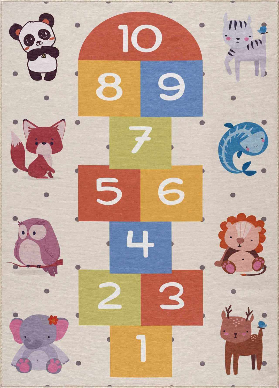 Ivory, Gold, Brown and Blue Number Printed Washable Kids Rug - The Rug Decor