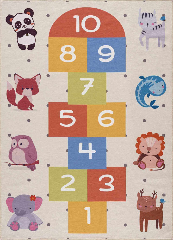Ivory, Gold, Brown and Blue Number Printed Washable Kids Rug - The Rug Decor