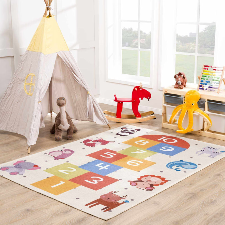 Ivory, Gold, Brown and Blue Number Printed Washable Kids Rug - The Rug Decor