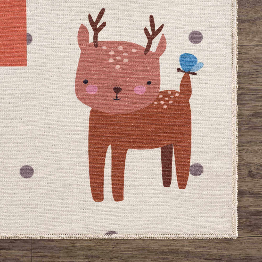 Ivory, Gold, Brown and Blue Number Printed Washable Kids Rug - The Rug Decor