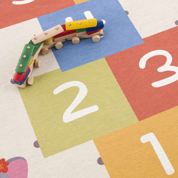 Ivory, Gold, Brown and Blue Number Printed Washable Kids Rug - The Rug Decor
