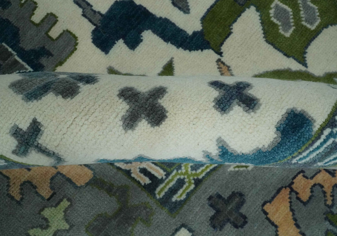 Ivory, Gray, Teal and Green Hand knotted Traditional Oushak 9x12 Wool Area Rug - The Rug Decor