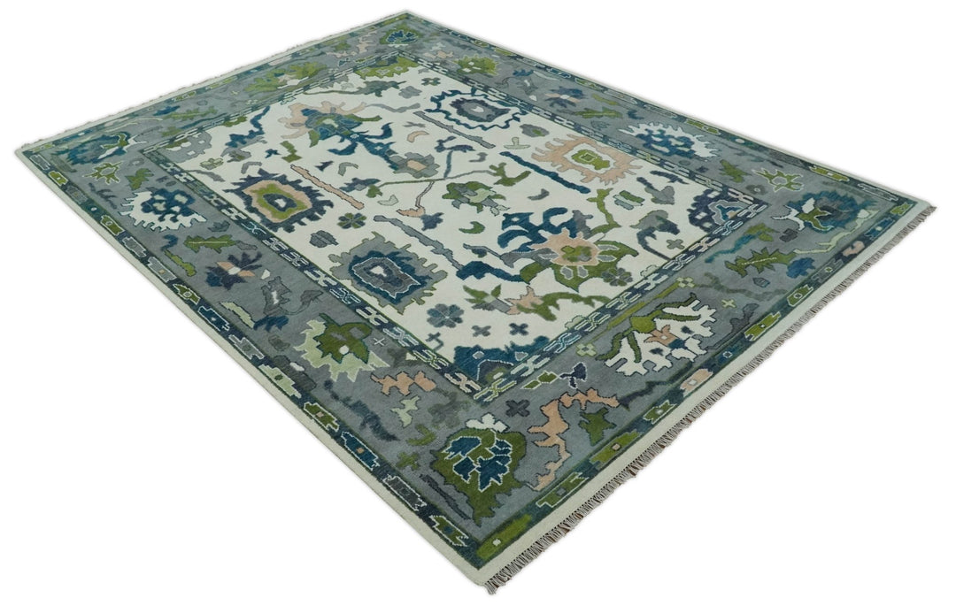 Ivory, Gray, Teal and Green Hand knotted Traditional Oushak 9x12 Wool Area Rug - The Rug Decor