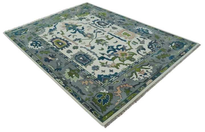 Ivory, Gray, Teal and Green Hand knotted Traditional Oushak 9x12 Wool Area Rug - The Rug Decor