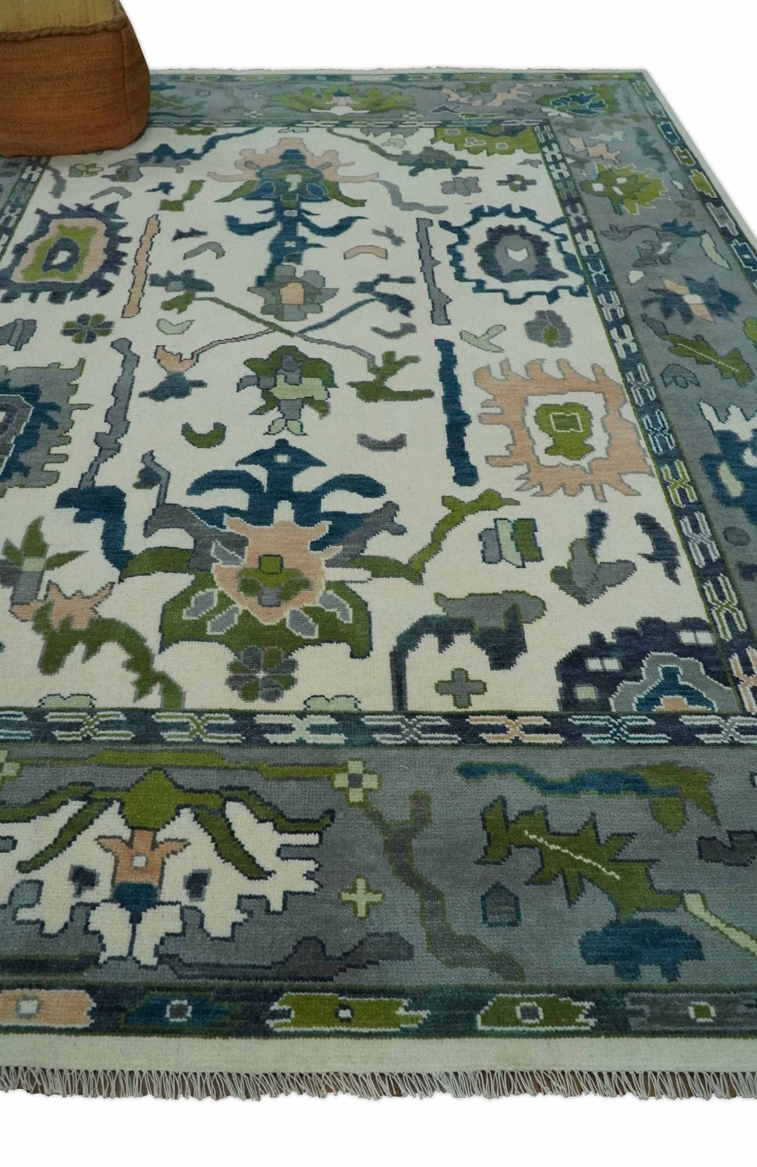 Ivory, Gray, Teal and Green Hand knotted Traditional Oushak 9x12 Wool Area Rug - The Rug Decor