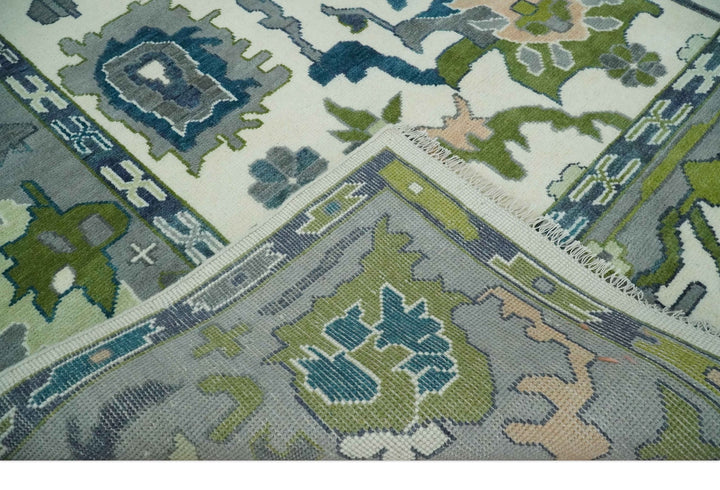 Ivory, Gray, Teal and Green Hand knotted Traditional Oushak 9x12 Wool Area Rug - The Rug Decor