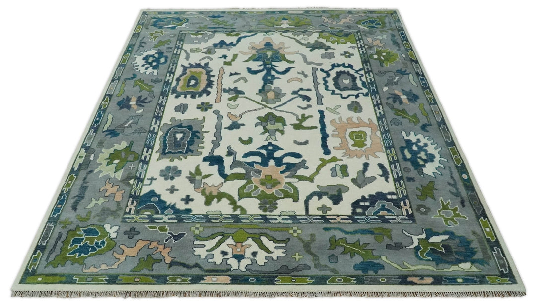 Ivory, Gray, Teal and Green Hand knotted Traditional Oushak 9x12 Wool Area Rug - The Rug Decor