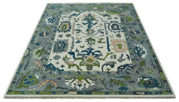 Ivory, Gray, Teal and Green Hand knotted Traditional Oushak 9x12 Wool Area Rug - The Rug Decor