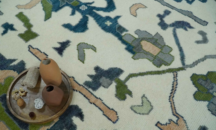 Ivory, Gray, Teal and Green Hand knotted Traditional Oushak 9x12 Wool Area Rug - The Rug Decor
