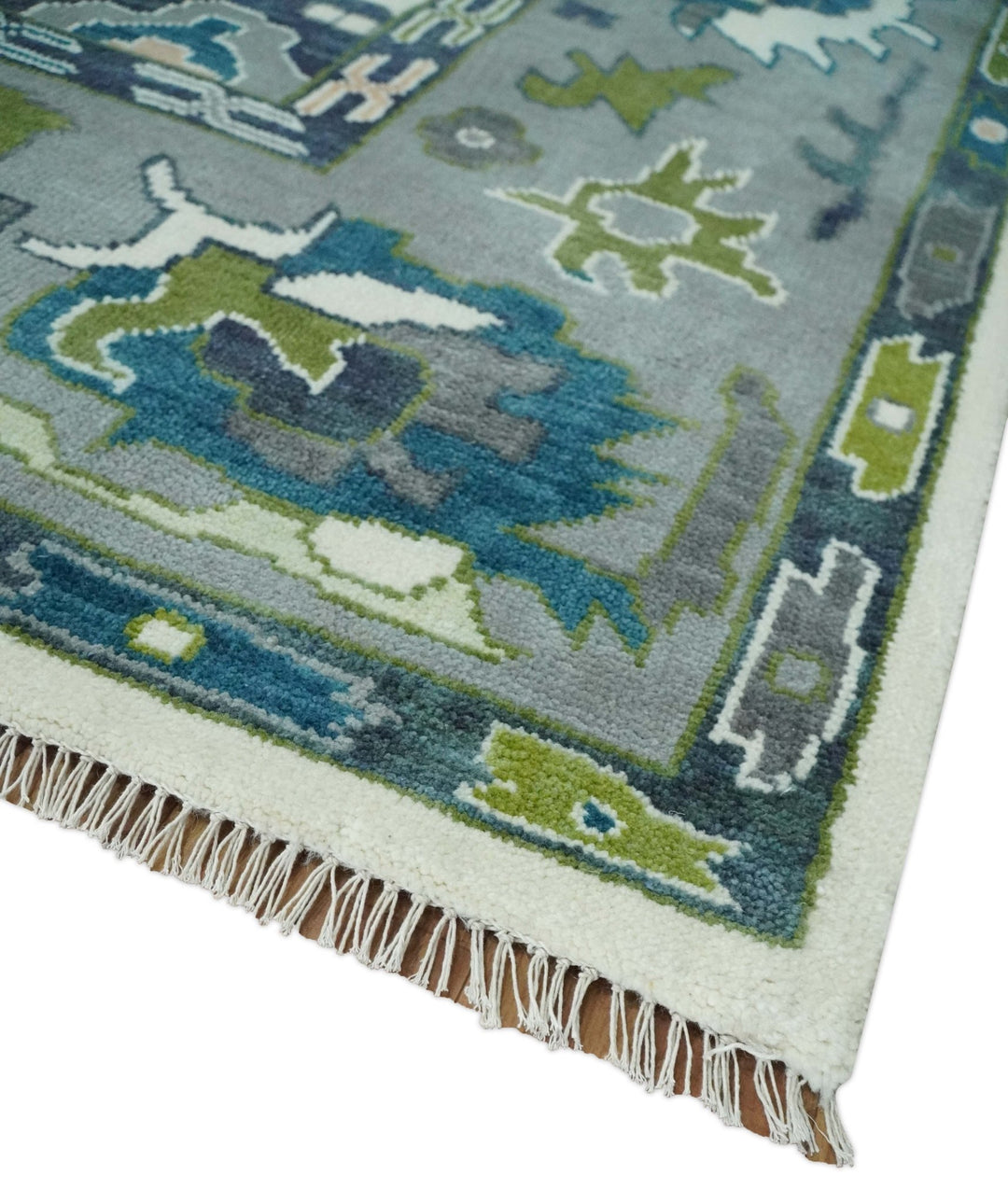Ivory, Gray, Teal and Green Hand knotted Traditional Oushak 9x12 Wool Area Rug - The Rug Decor