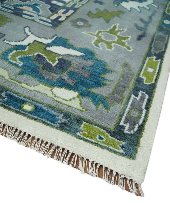 Ivory, Gray, Teal and Green Hand knotted Traditional Oushak 9x12 Wool Area Rug - The Rug Decor