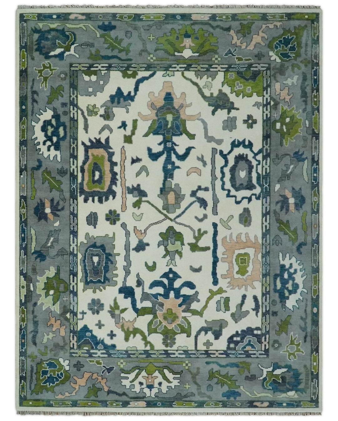 Ivory, Gray, Teal and Green Hand knotted Traditional Oushak 9x12 Wool Area Rug - The Rug Decor