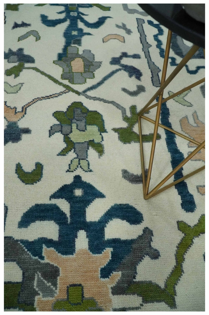 Ivory, Gray, Teal and Green Hand knotted Traditional Oushak 9x12 Wool Area Rug - The Rug Decor