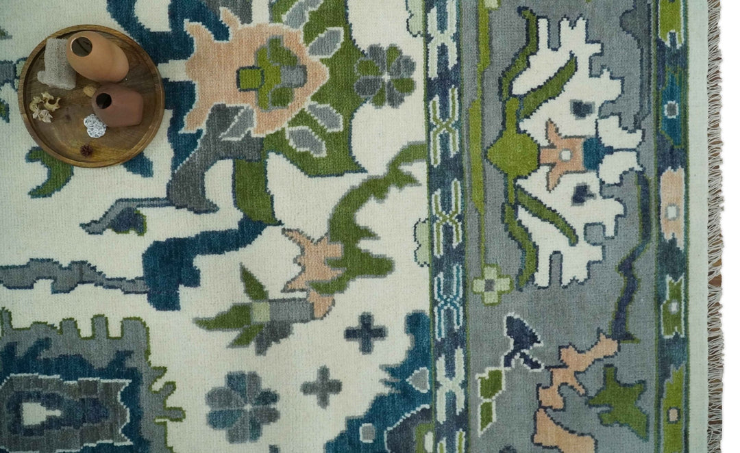 Ivory, Gray, Teal and Green Hand knotted Traditional Oushak 9x12 Wool Area Rug - The Rug Decor
