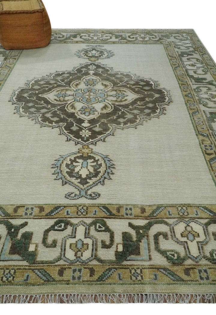 Ivory, Green and Beige Traditional Medallion Hand knotted Multi Size wool Area Rug - The Rug Decor