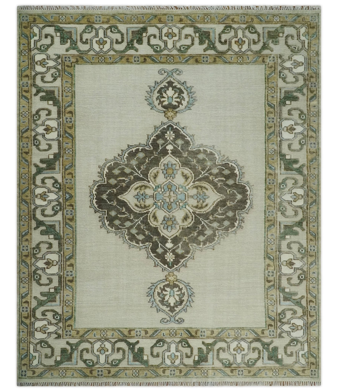 Ivory, Green and Beige Traditional Medallion Hand knotted Multi Size wool Area Rug - The Rug Decor