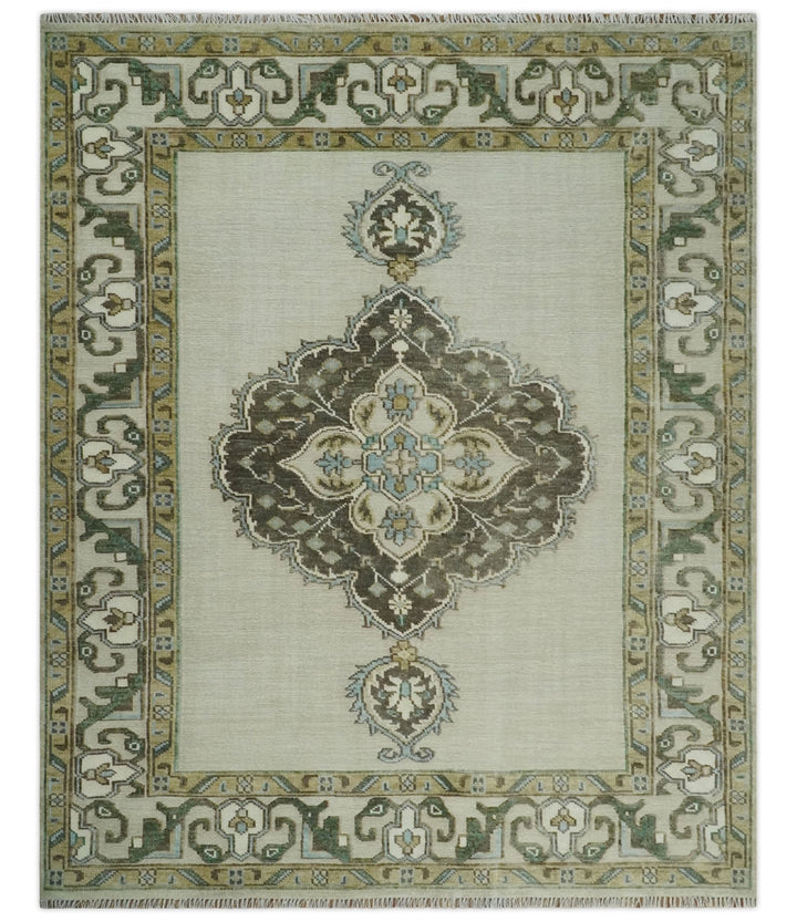 Ivory, Green and Beige Traditional Medallion Hand knotted Multi Size wool Area Rug - The Rug Decor