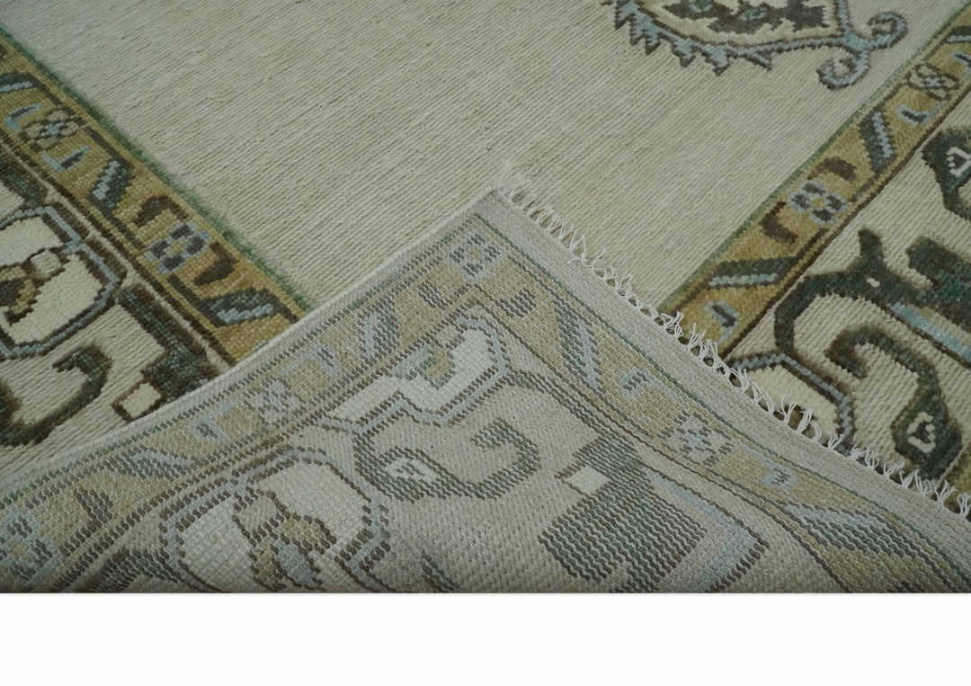 Ivory, Green and Beige Traditional Medallion Hand knotted Multi Size wool Area Rug - The Rug Decor