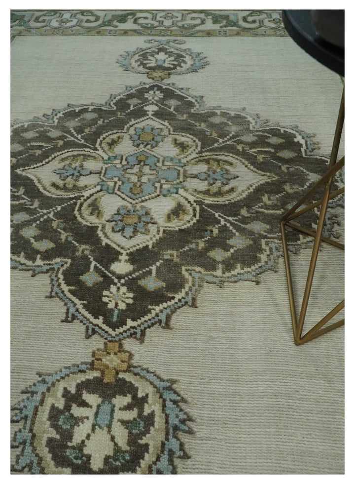 Ivory, Green and Beige Traditional Medallion Hand knotted Multi Size wool Area Rug - The Rug Decor