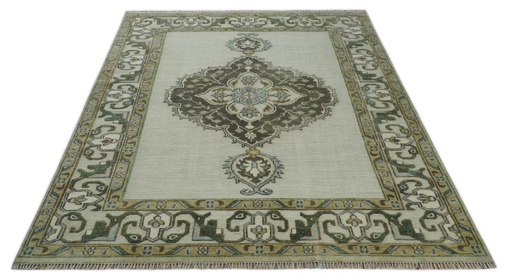 Ivory, Green and Beige Traditional Medallion Hand knotted Multi Size wool Area Rug - The Rug Decor
