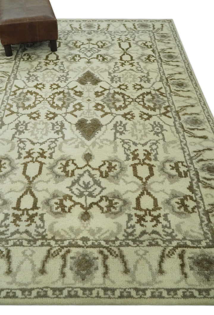 Ivory, Olive and Gray Traditional Hand Knotted Oriental Oushak 5x8 wool Area Rug - The Rug Decor