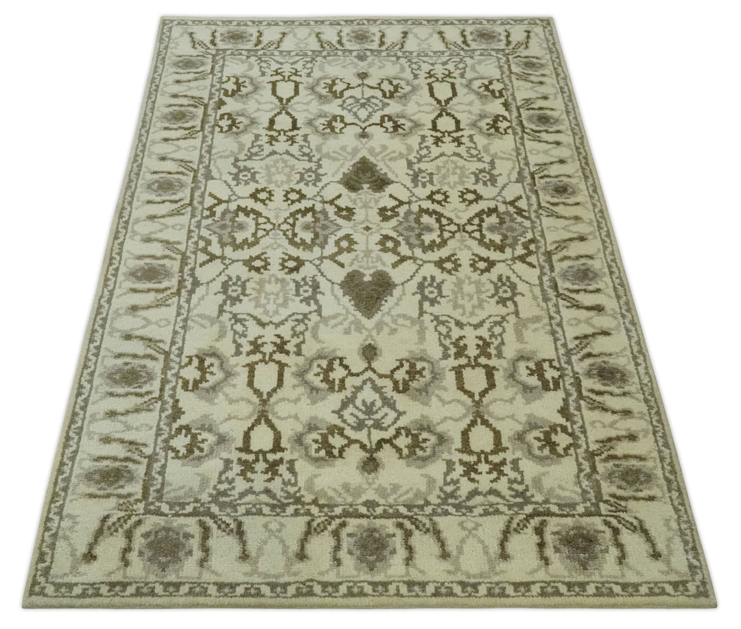 Ivory, Olive and Gray Traditional Hand Knotted Oriental Oushak 5x8 wool Area Rug - The Rug Decor