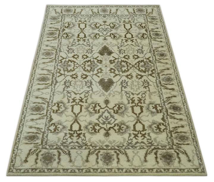 Ivory, Olive and Gray Traditional Hand Knotted Oriental Oushak 5x8 wool Area Rug - The Rug Decor