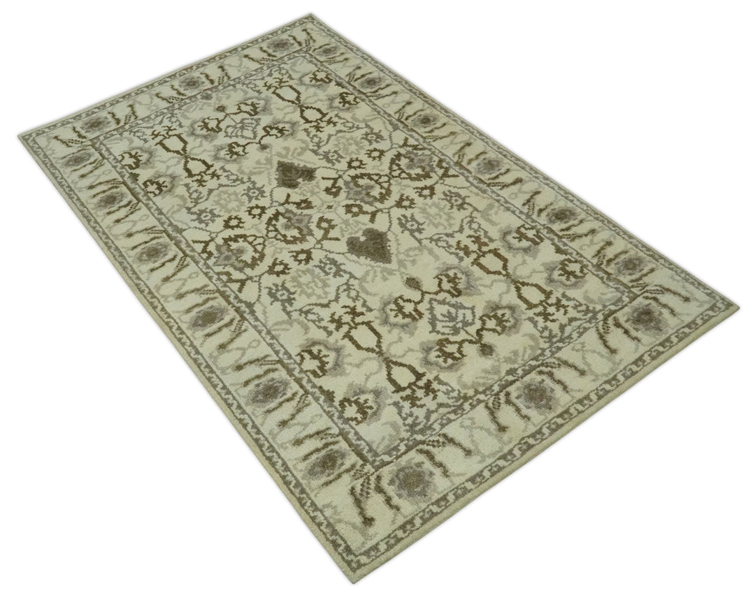 Ivory, Olive and Gray Traditional Hand Knotted Oriental Oushak 5x8 wool Area Rug - The Rug Decor