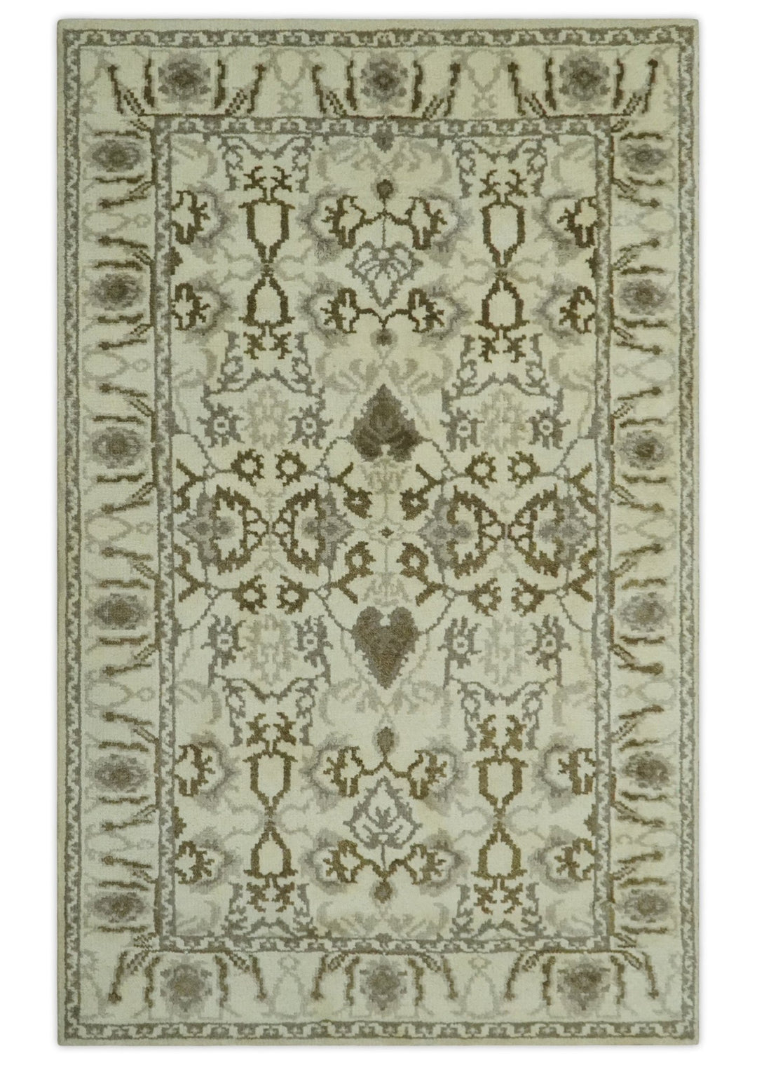 Ivory, Olive and Gray Traditional Hand Knotted Oriental Oushak 5x8 wool Area Rug - The Rug Decor