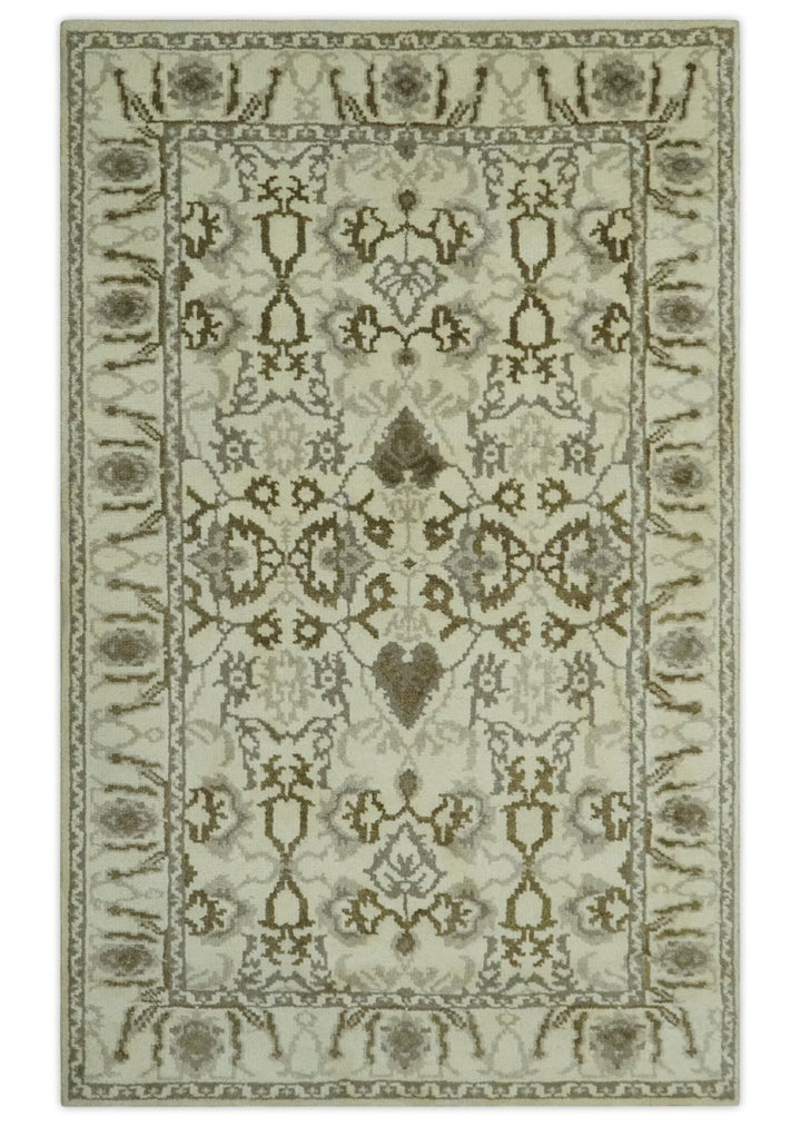 Ivory, Olive and Gray Traditional Hand Knotted Oriental Oushak 5x8 wool Area Rug - The Rug Decor
