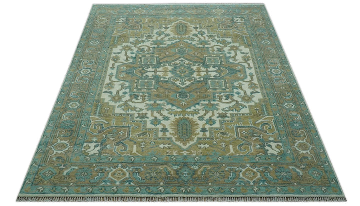 Ivory, Olive and Teal Hand Knotted Traditional Heriz 8x10 wool area rug - The Rug Decor