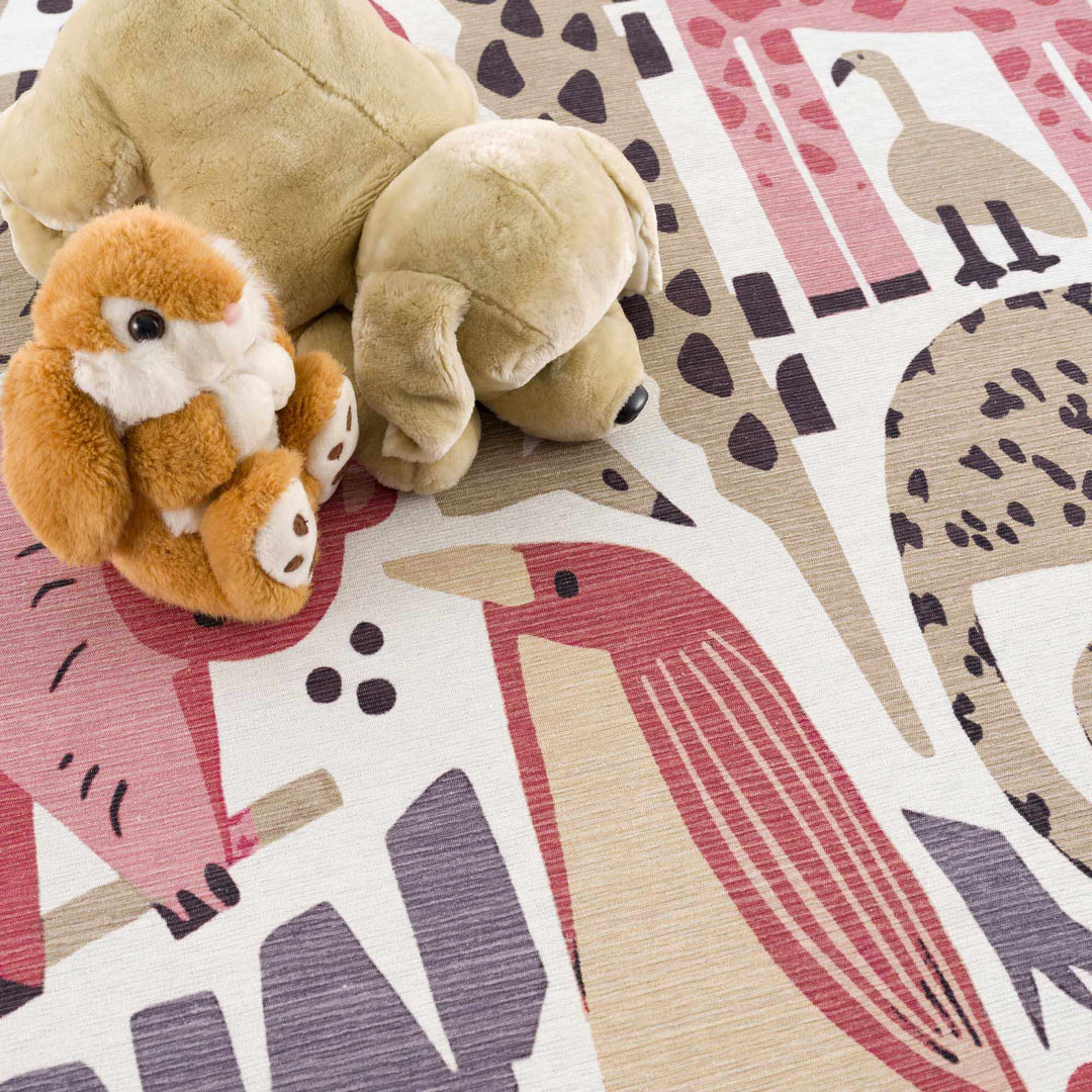 Ivory, Pink, Beige and Tan Beautiful Animal Printed Washable Kids Rug - The Rug Decor