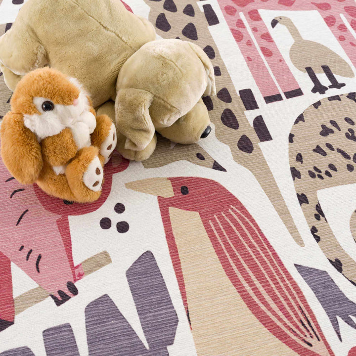 Ivory, Pink, Beige and Tan Beautiful Animal Printed Washable Kids Rug - The Rug Decor