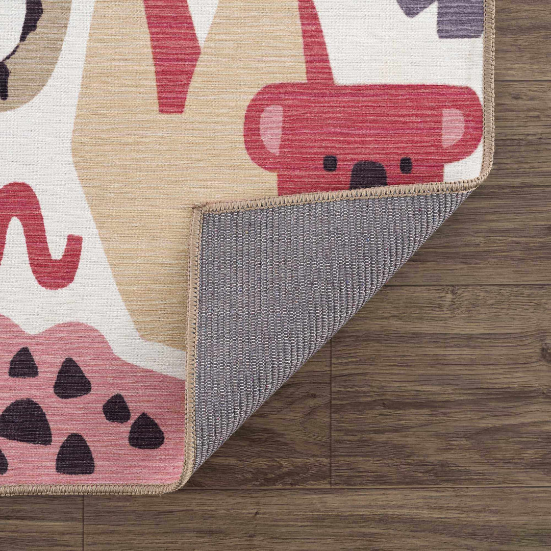 Ivory, Pink, Beige and Tan Beautiful Animal Printed Washable Kids Rug - The Rug Decor