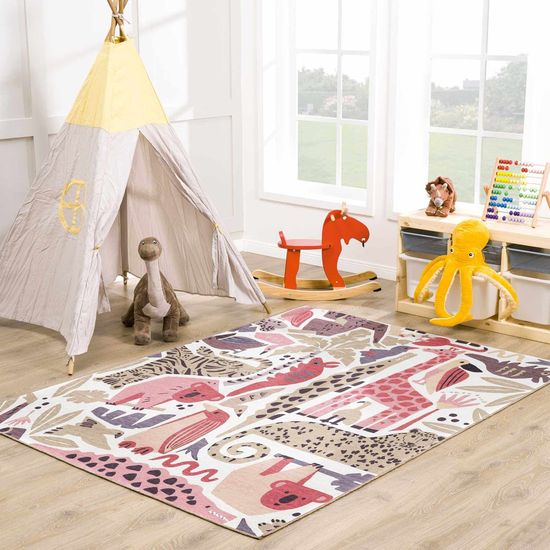 Ivory, Pink, Beige and Tan Beautiful Animal Printed Washable Kids Rug - The Rug Decor