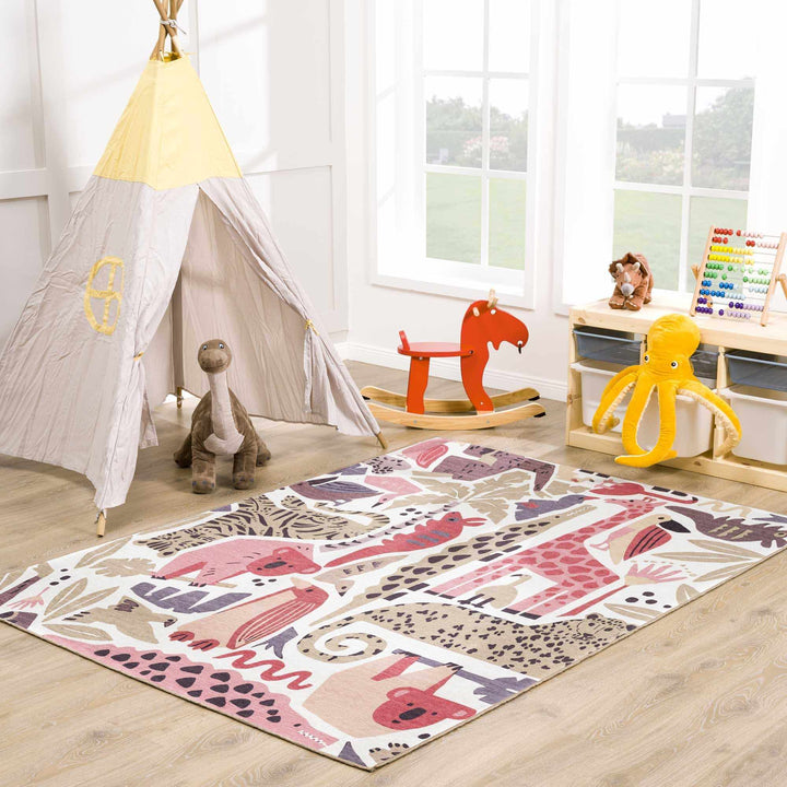 Ivory, Pink, Beige and Tan Beautiful Animal Printed Washable Kids Rug - The Rug Decor