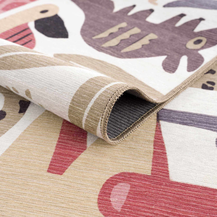 Ivory, Pink, Beige and Tan Beautiful Animal Printed Washable Kids Rug - The Rug Decor